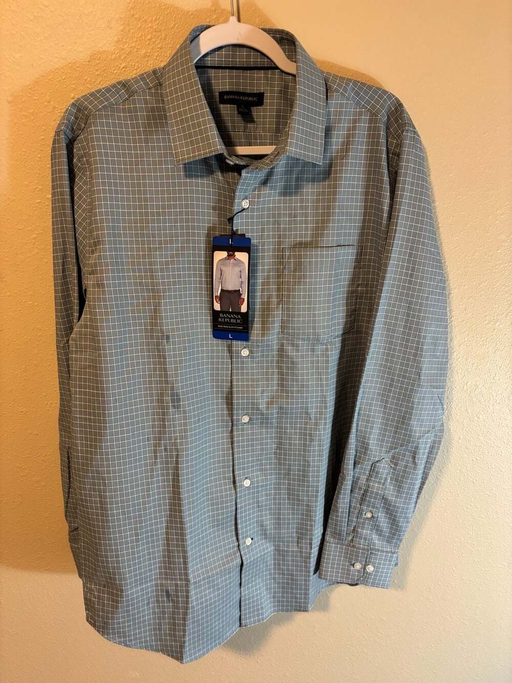 Banana Republic Non-Iron Slim Fit Dark Blue Plaid Dress Shirt Size L